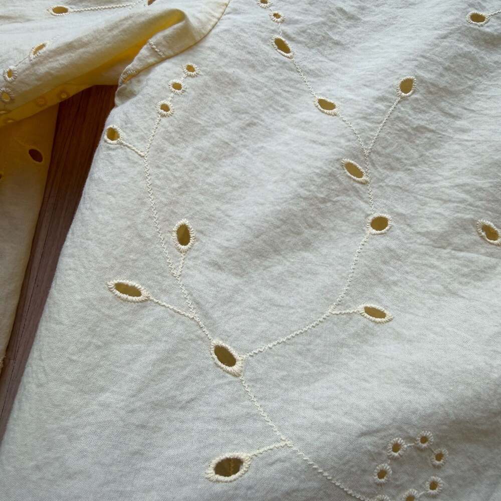 Butter Yellow 100% Cotton Eyelet Button Down Crop Blouse Long Sleeve - Picture 8 of 8